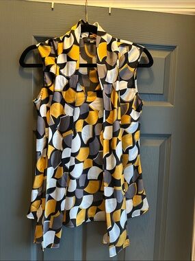 Nine West Yellow Black White Geometric Sleeveless Drape-Front Camisole